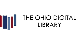 A row of books in the shape of Ohio. Caption reads The Ohio Digital Library